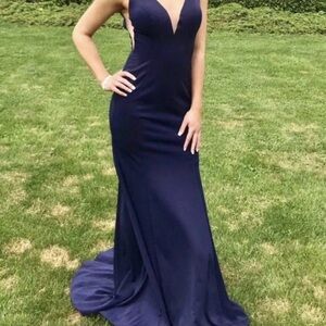 Navy Blue Prom Dress. Ed Young - Small. Mesh Panels. Mermaid Tail. Not Perfect.